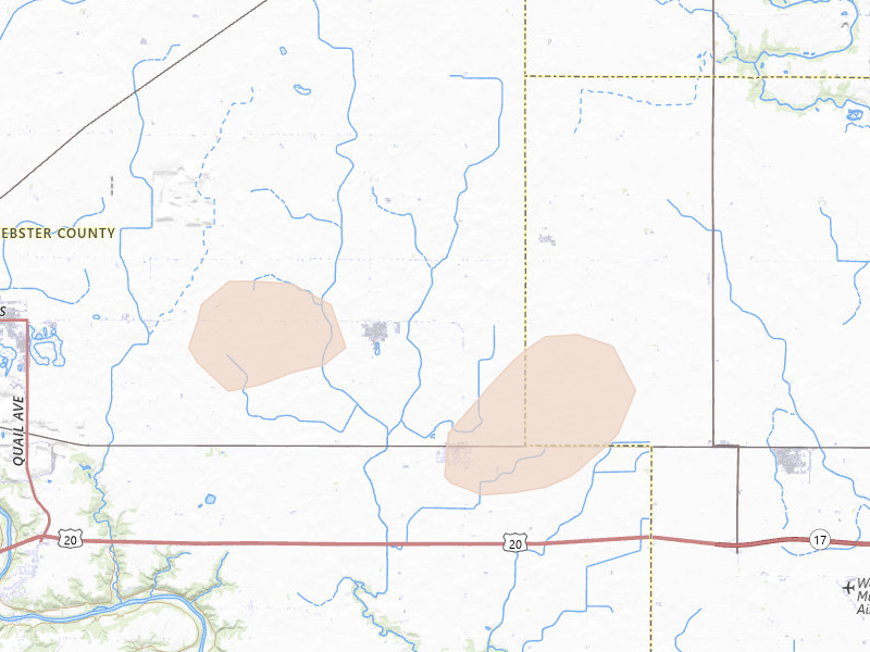 Radar-estimated hail-size map of the storm over Duncombe, IA on Jun 16, 2026