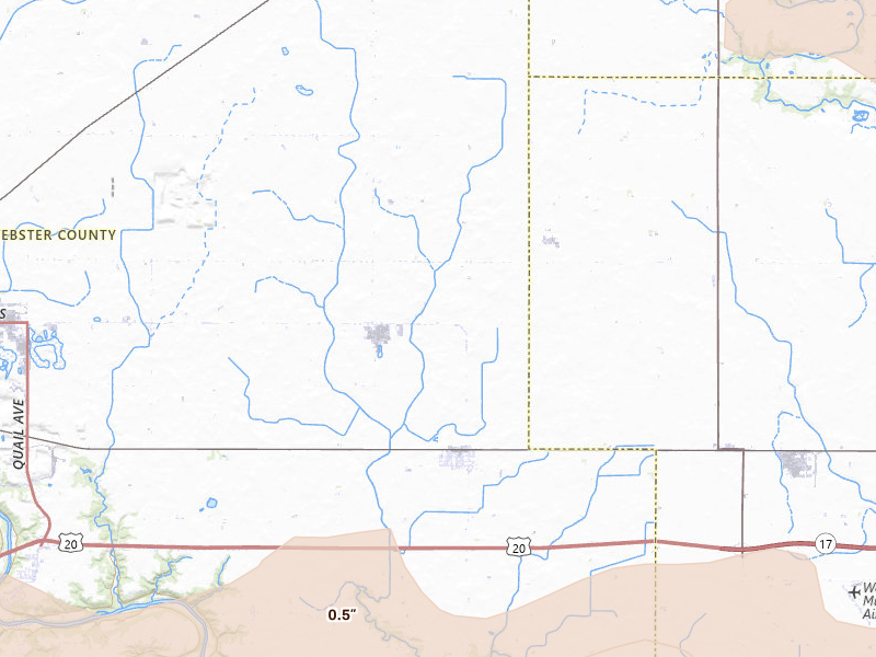 Radar-estimated hail-size map of the storm over Duncombe, IA on Jul 2, 2026