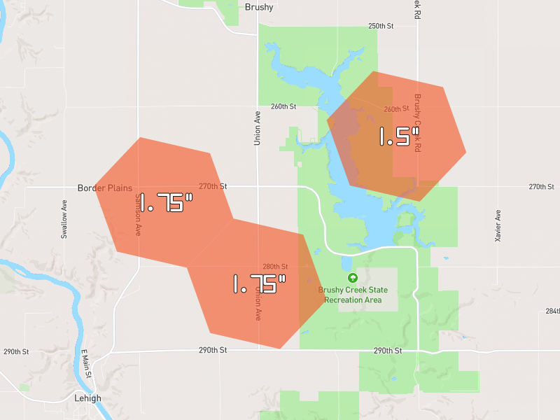 Hail map of Duncombe, IA on Jul 2, 2026, hail up to 1.75"