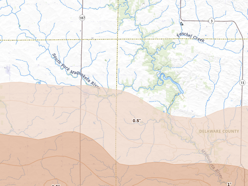 Radar-estimated hail-size map of the storm over Dundee, IA on Apr 14, 2026