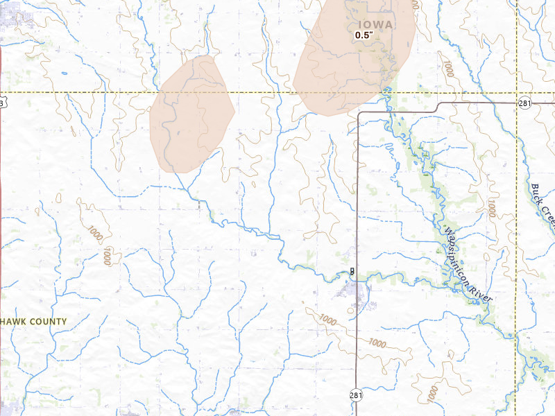 Radar-estimated hail-size map of the storm over Dunkerton, IA on Apr 17, 2026