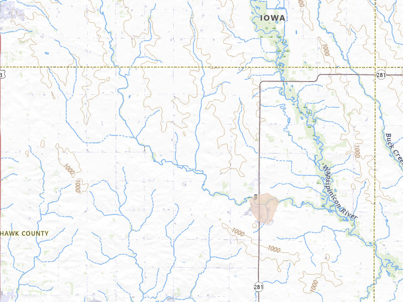 Radar-estimated hail-size map of the storm over Dunkerton, IA on May 16, 2026