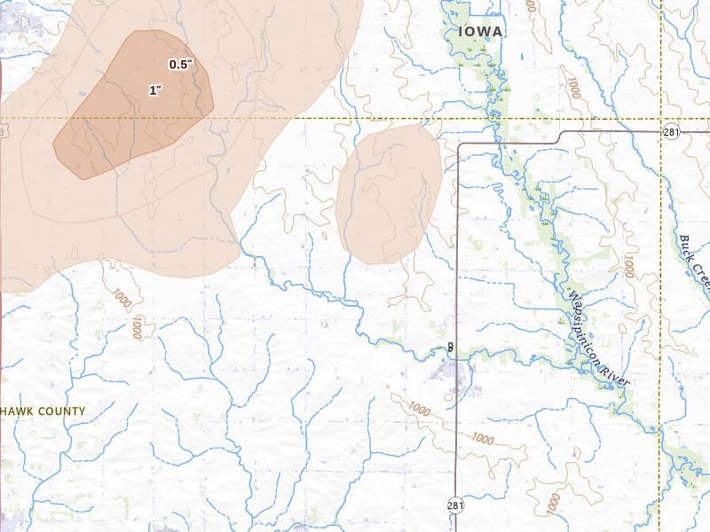 Radar-estimated hail-size map of the storm over Dunkerton, IA on Jul 2, 2026