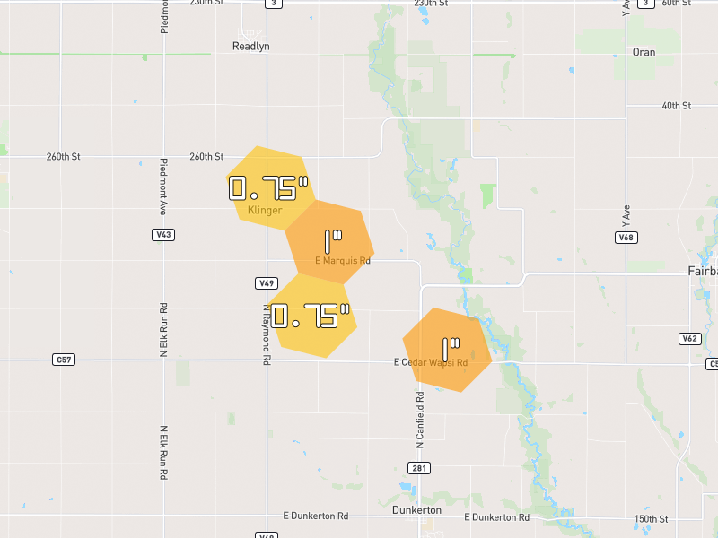 Hail map of Dunkerton, IA on Jul 2, 2026, hail up to 1"