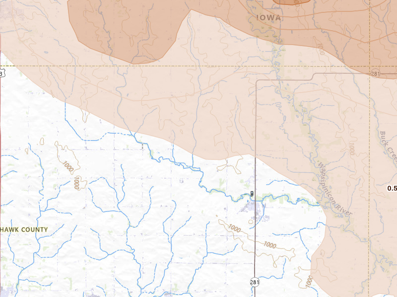 Radar-estimated hail-size map of the storm over Dunkerton, IA on Aug 7, 2026