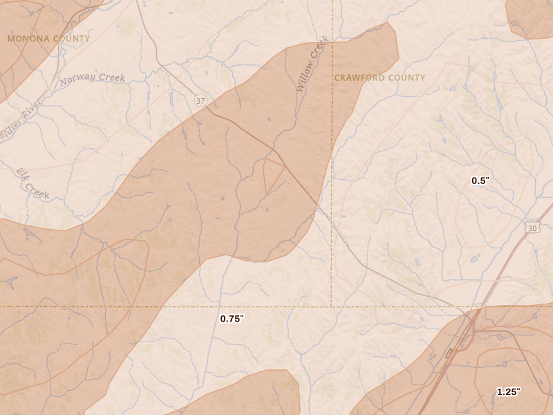 Radar-estimated hail-size map of the storm over Dunlap, IA on Apr 23, 2026