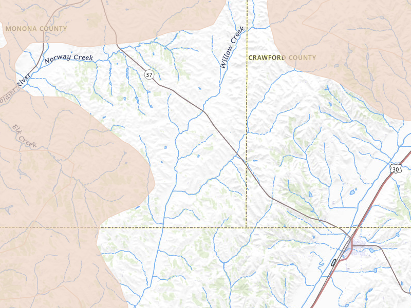 Radar-estimated hail-size map of the storm over Dunlap, IA on Jul 8, 2026