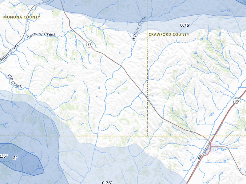NEXRAD radar-signature map of the hail storm over Dunlap, IA on Jul 8, 2026