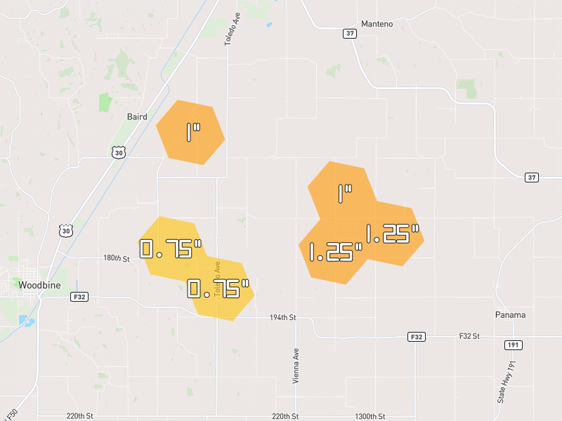 Hail map of Dunlap, IA on Jul 9, 2026, hail up to 1.25"