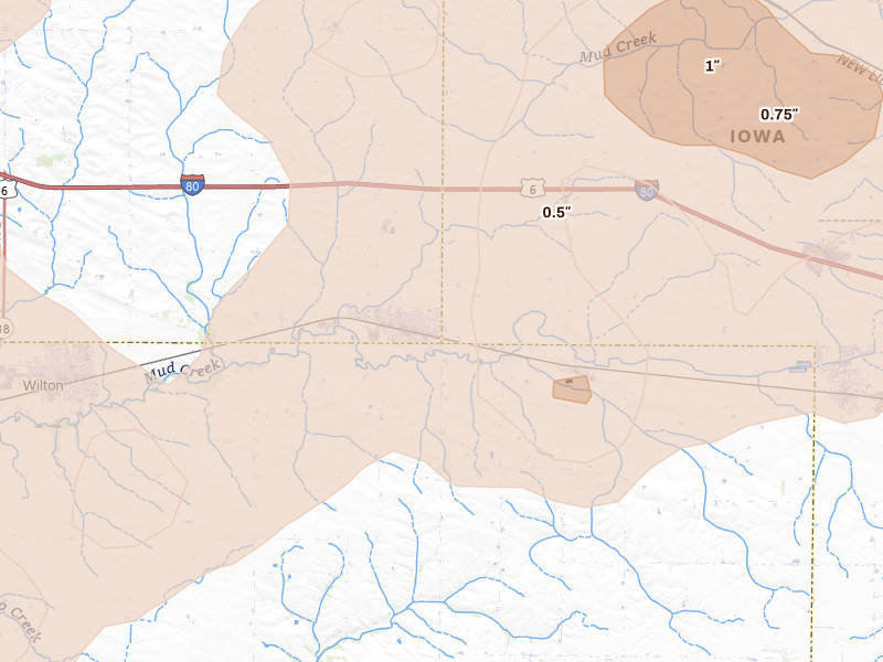 Radar-estimated hail-size map of the storm over Durant, IA on Jul 3, 2026