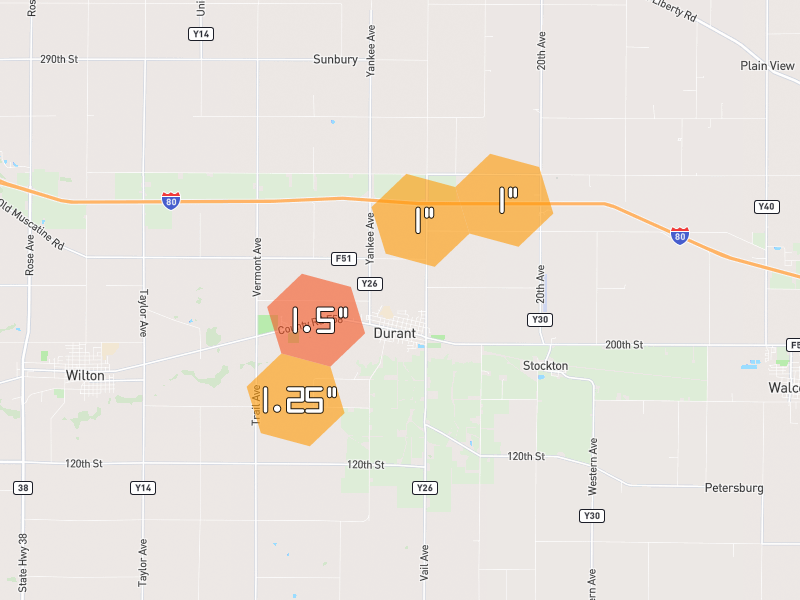 Hail map of Durant, IA on Jul 3, 2026, hail up to 1.5"