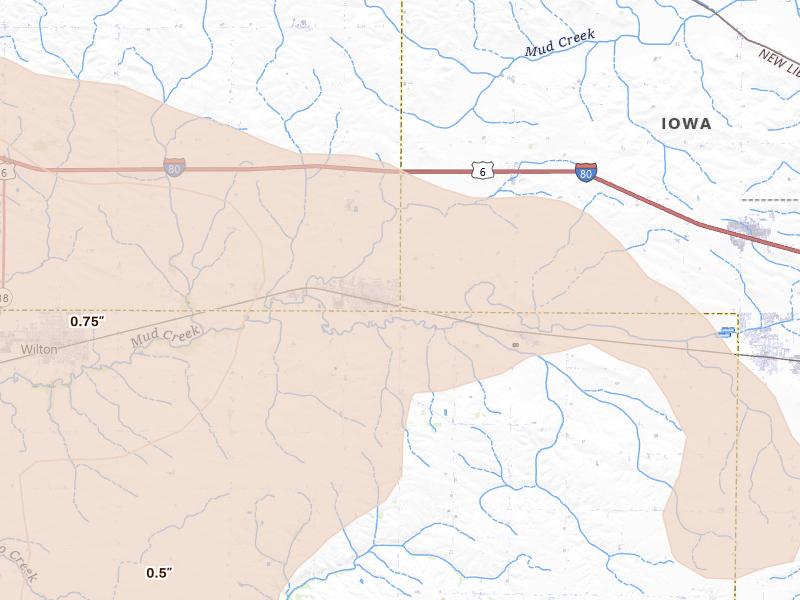 Radar-estimated hail-size map of the storm over Durant, IA on Aug 11, 2026