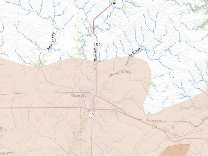 Radar-estimated hail-size map of the storm over Dyersville, IA