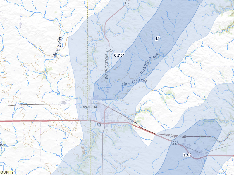 NEXRAD radar-signature map of the hail over Dyersville, IA
