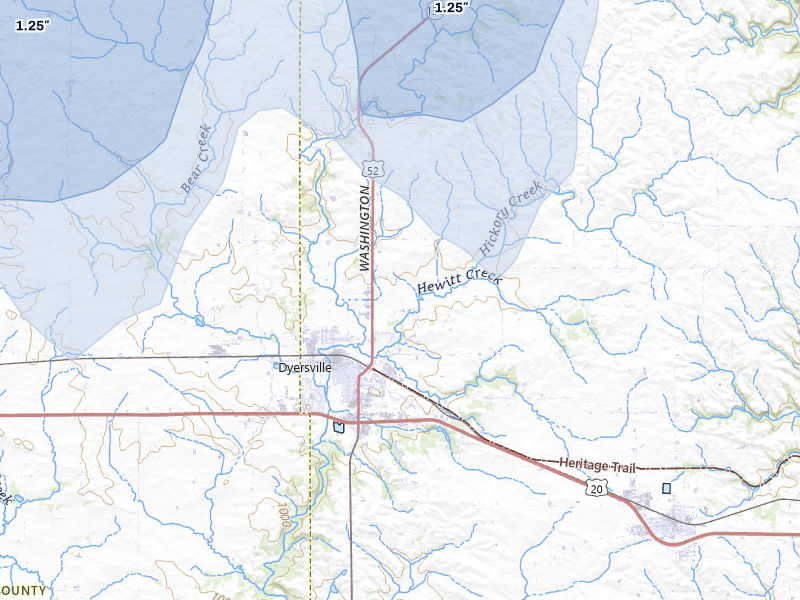NEXRAD radar-signature map of the hail over Dyersville, IA