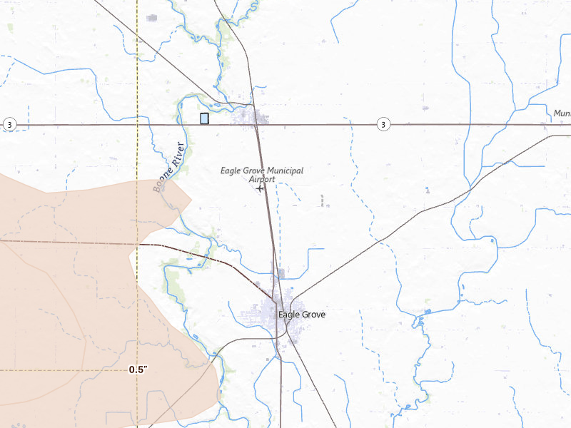 Radar-estimated hail-size map of the storm over Eagle Grove, IA on May 15, 2026