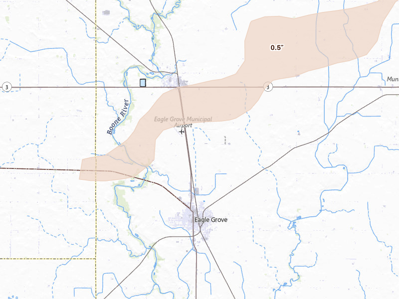 Radar-estimated hail-size map of the storm over Eagle Grove, IA on Jun 28, 2026