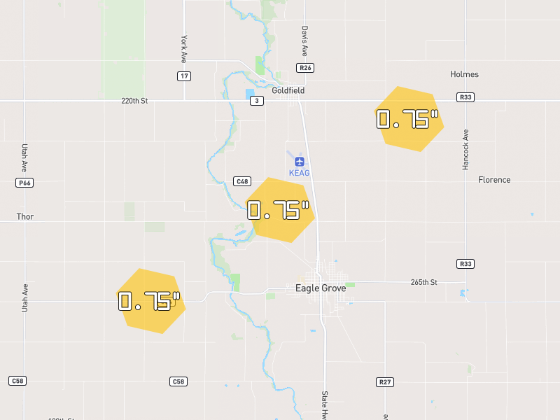 Hail map of Eagle Grove, IA on Jun 28, 2026, hail up to 0.75"
