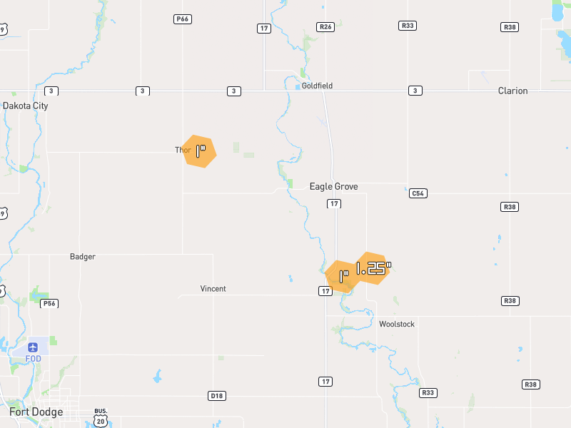 Hail map of Eagle Grove, IA on Jul 2, 2026, hail up to 1.25"