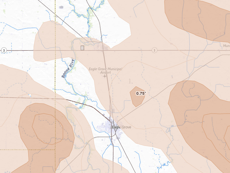 Radar-estimated hail-size map of the storm over Eagle Grove, IA on Jul 20, 2026