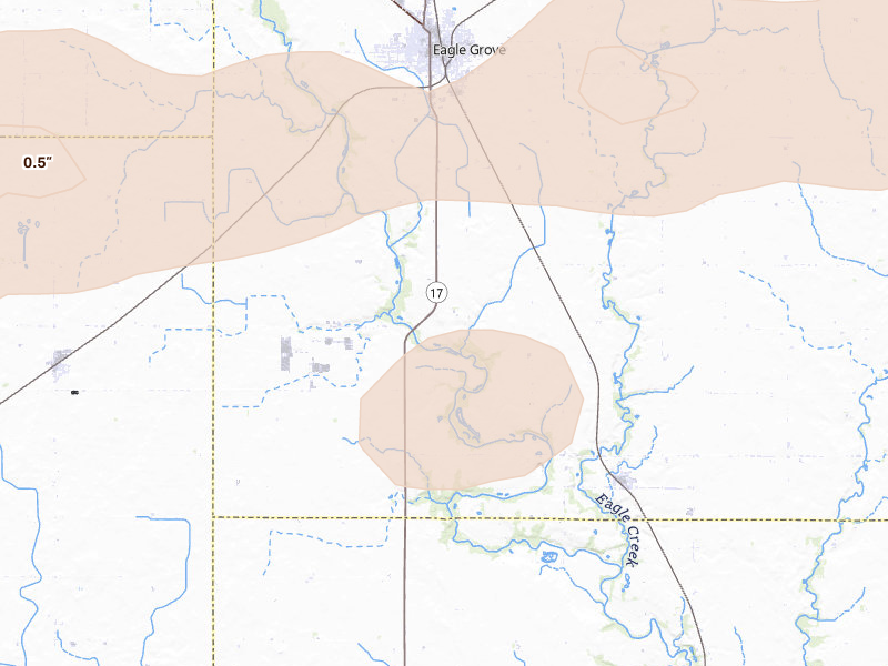 Radar-estimated hail-size map of the storm over Eagle Grove, IA on Aug 10, 2026