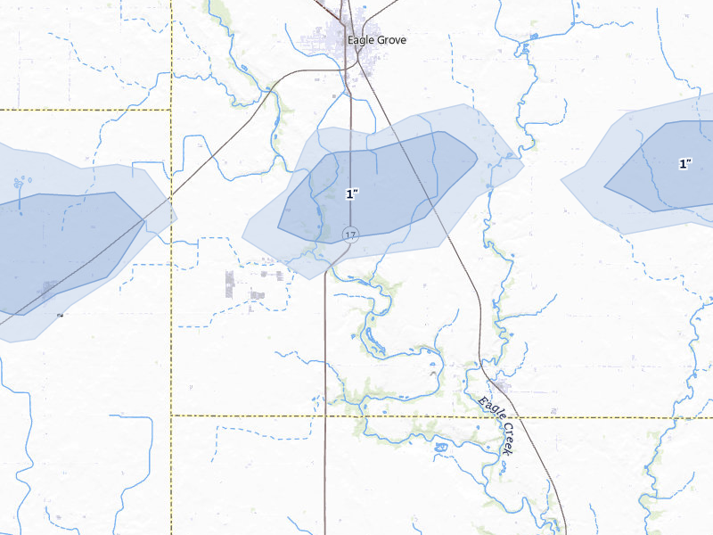 NEXRAD radar-signature map of the hail storm over Eagle Grove, IA on Aug 10, 2026