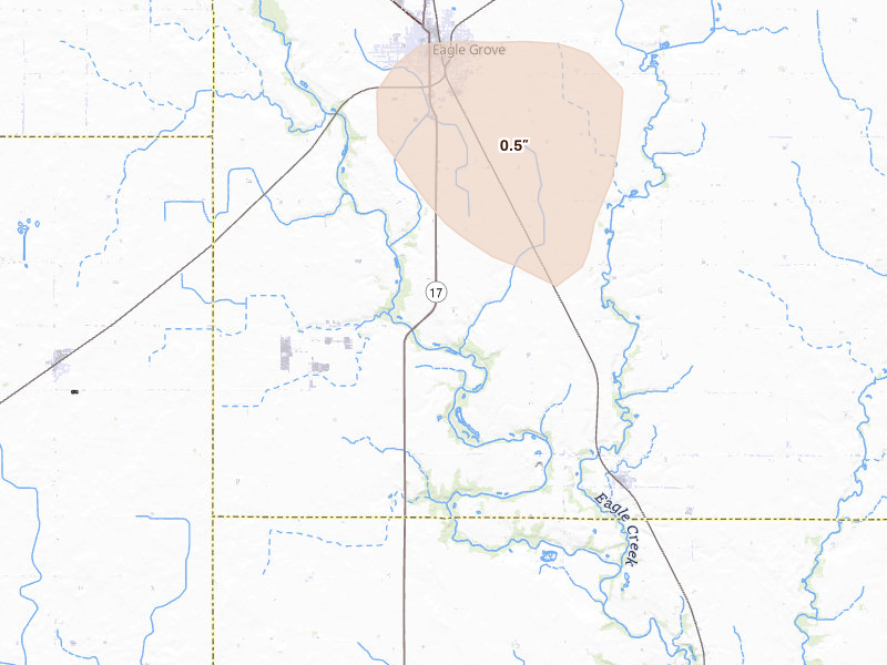 Radar-estimated hail-size map of the storm over Eagle Grove, IA on Aug 12, 2026