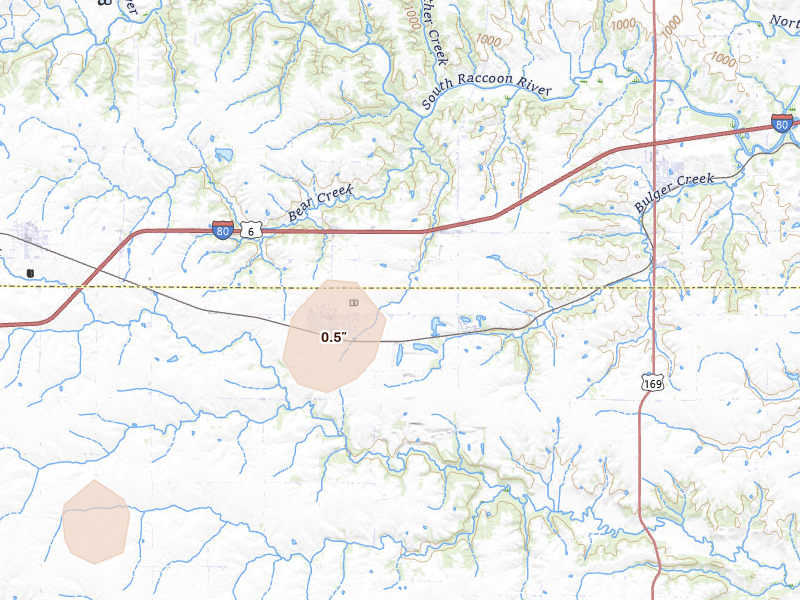 Radar-estimated hail-size map of the storm over Earlham, IA on Mar 6, 2026
