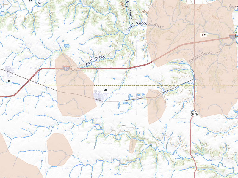 Radar-estimated hail-size map of the storm over Earlham, IA on Apr 23, 2026