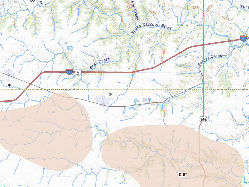 Radar-estimated hail-size map of the storm over Earlham, IA on May 15, 2026