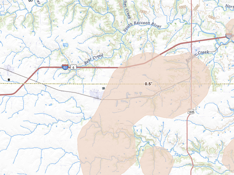 Radar-estimated hail-size map of the storm over Earlham, IA on May 18, 2026