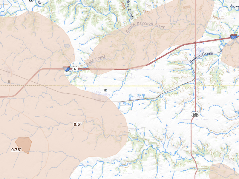 Radar-estimated hail-size map of the storm over Earlham, IA on Jun 10, 2026