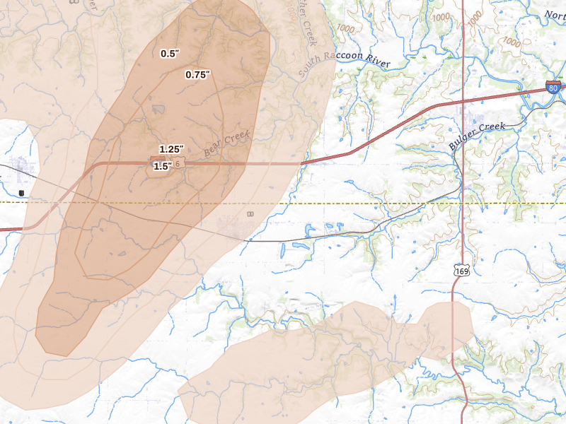 Radar-estimated hail-size map of the storm over Earlham, IA on Jul 3, 2026