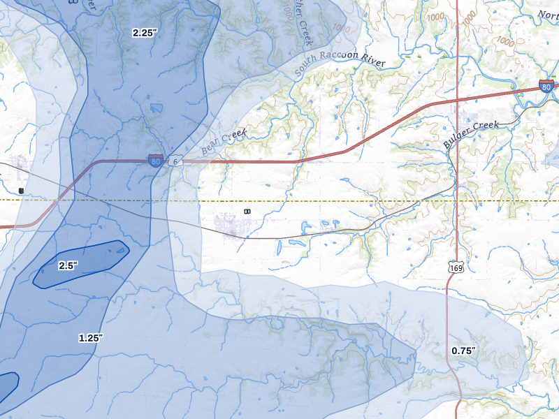 NEXRAD radar-signature map of the hail storm over Earlham, IA on Jul 3, 2026