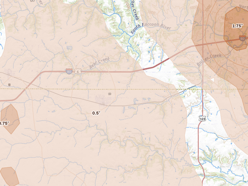 Radar-estimated hail-size map of the storm over Earlham, IA on Jul 20, 2026