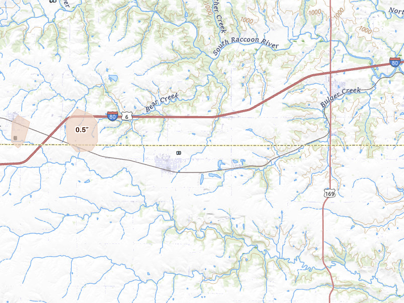 Radar-estimated hail-size map of the storm over Earlham, IA on Jul 27, 2026