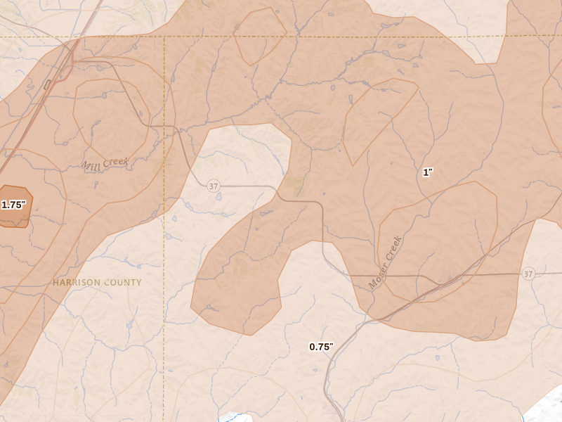 Radar-estimated hail-size map of the storm over Earling, IA on Apr 23, 2026