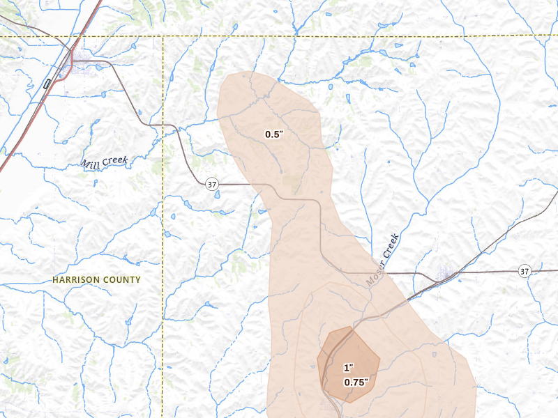 Radar-estimated hail-size map of the storm over Earling, IA on Jul 4, 2026
