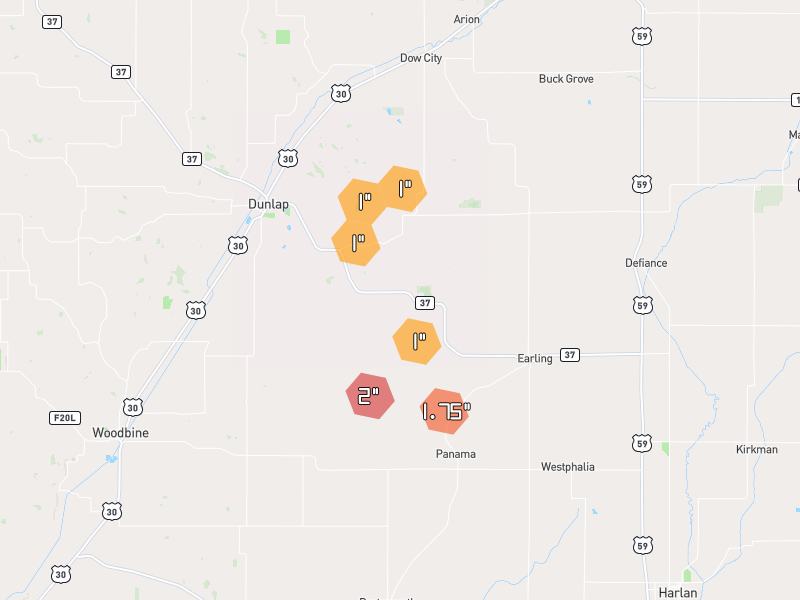 Hail map of Earling, IA on Jul 5, 2026, hail up to 2"