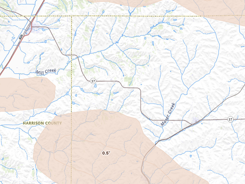 Radar-estimated hail-size map of the storm over Earling, IA on Jul 8, 2026