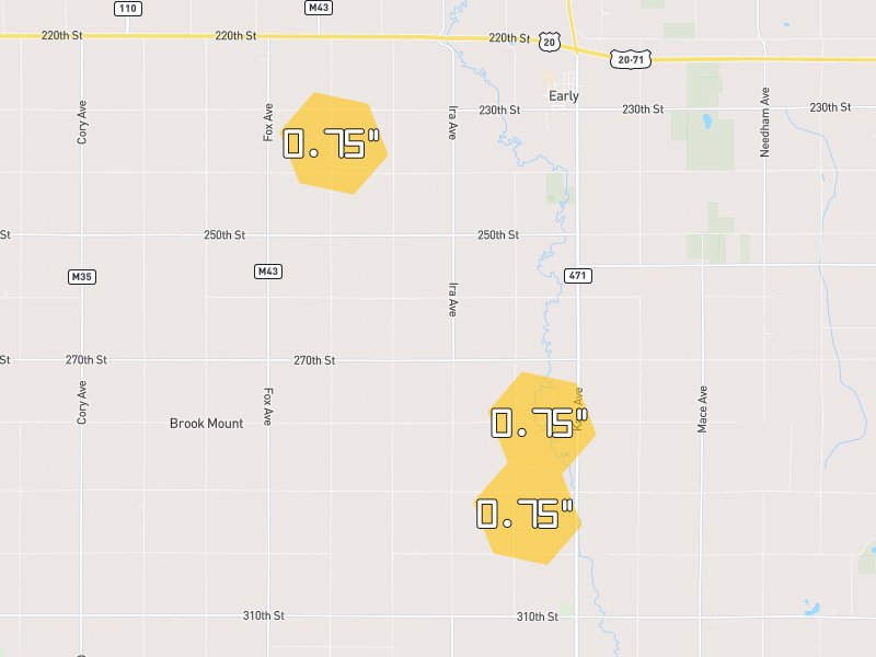 Hail map of Early, IA on Jun 28, 2026, hail up to 0.75"