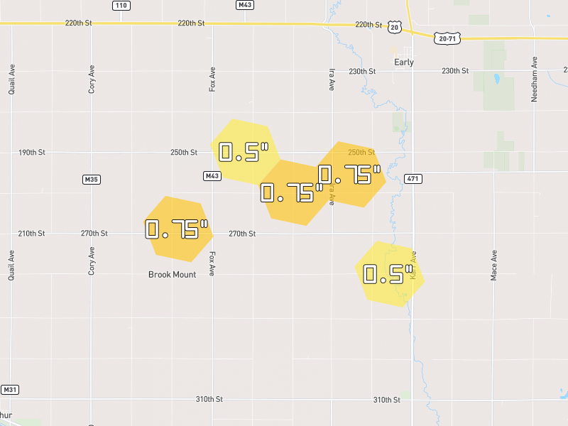 Hail map of Early, IA on Jul 3, 2026, hail up to 0.75"