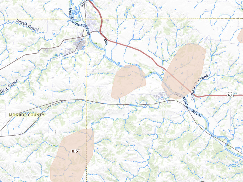 Radar-estimated hail-size map of the storm over Eddyville, IA on Apr 17, 2026