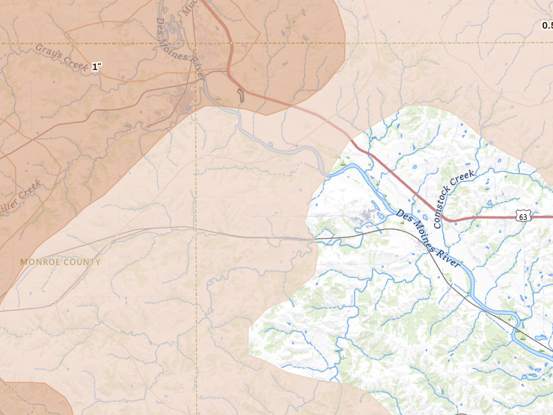 Radar-estimated hail-size map of the storm over Eddyville, IA on Jun 11, 2026