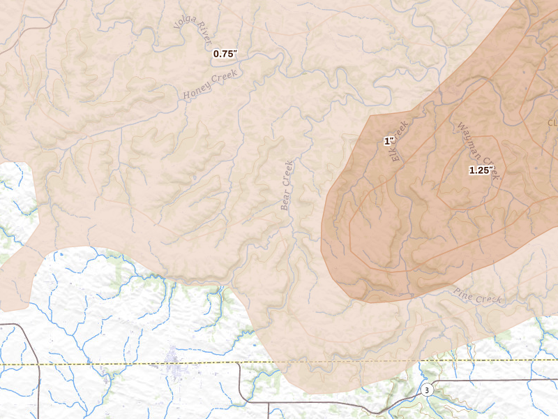 Radar-estimated hail-size map of the storm over Edgewood, IA on Jul 2, 2026