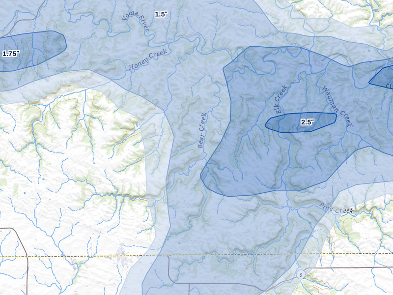 NEXRAD radar-signature map of the hail storm over Edgewood, IA on Jul 2, 2026