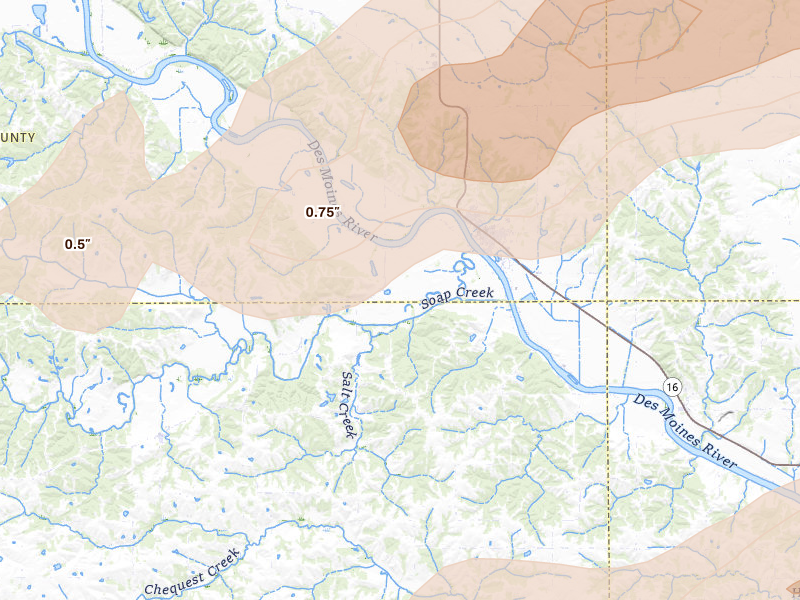 Radar-estimated hail-size map of the storm over Eldon, IA on Mar 10, 2026