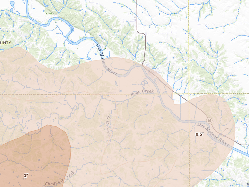 Radar-estimated hail-size map of the storm over Eldon, IA on Apr 17, 2026