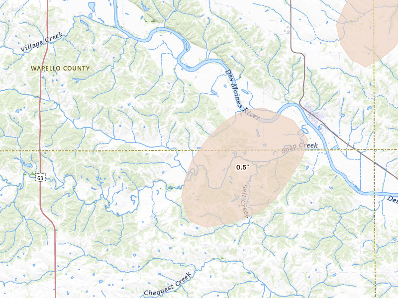 Radar-estimated hail-size map of the storm over Eldon, IA on Aug 15, 2026
