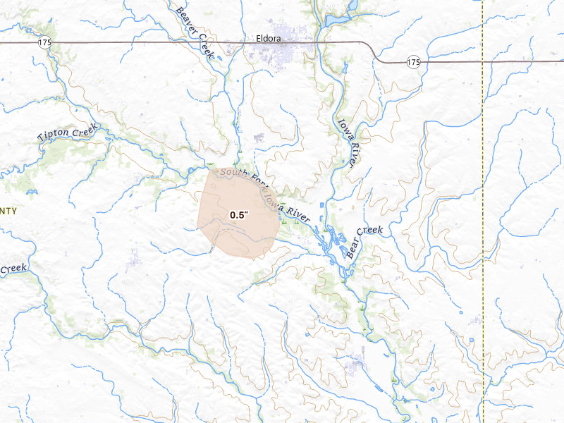 Radar-estimated hail-size map of the storm over Eldora, IA on May 16, 2026